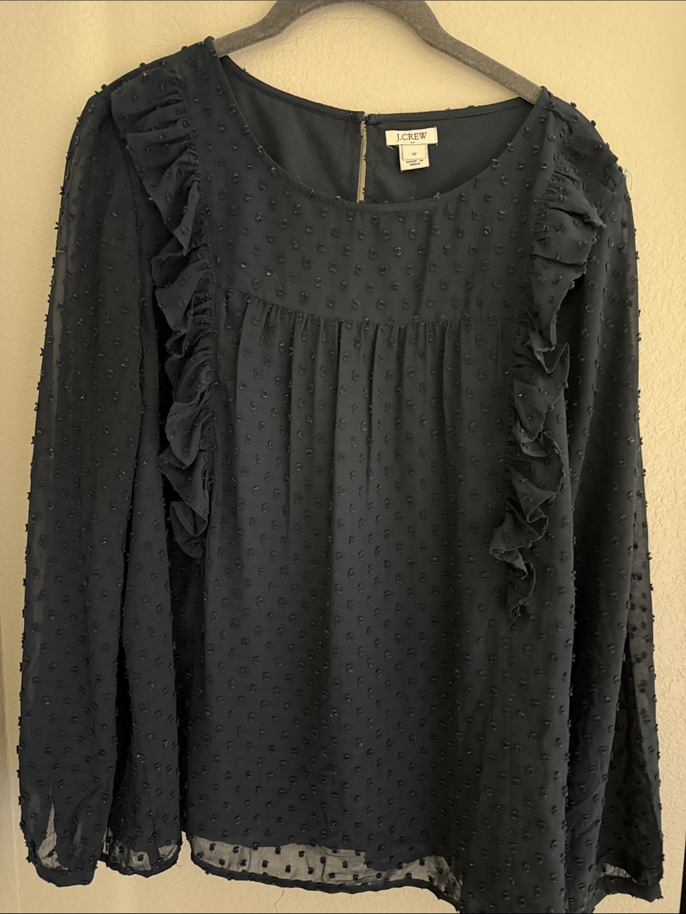 J. Crew Navy Blue Swiss Dot Ruffle Long Sleeve Blouse